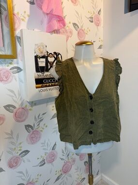 Madewell Olive Green Button-Up Ruffle Sleeve Crop Top